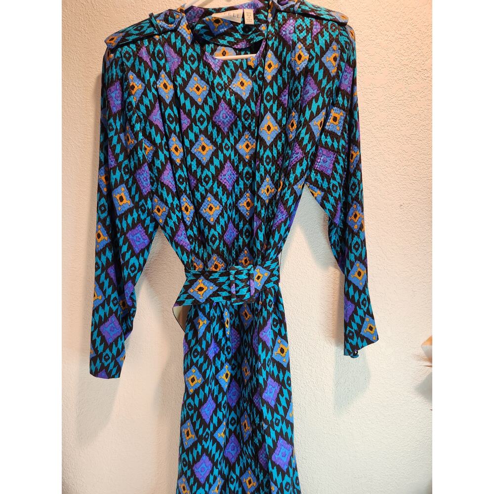 Adrianna Papell 80s‎ Vintage 100% Silk Dress Size 10 Bold Geometric Print Retro